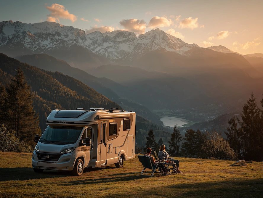 Wohnmobil in malerischer Berglandschaft bei Sonnenuntergang